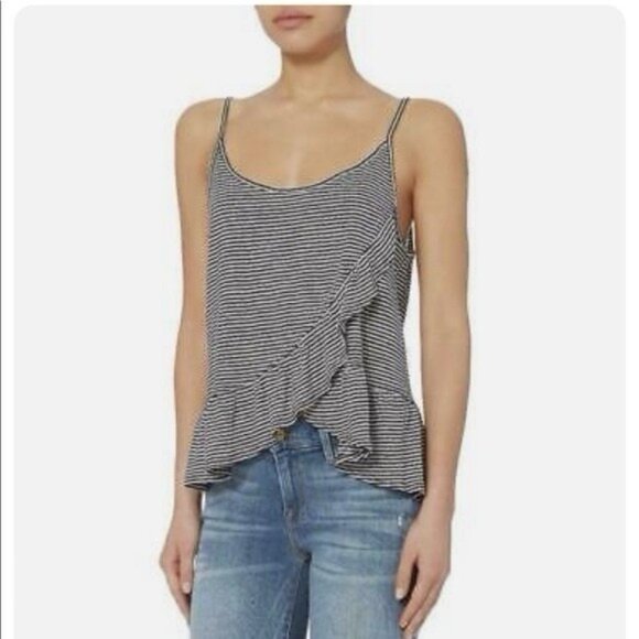 ALC Ava Tank Top 100% LINEN Striped Ruffle Front Spaghetti Strap Cami SMALL - Picture 1 of 9